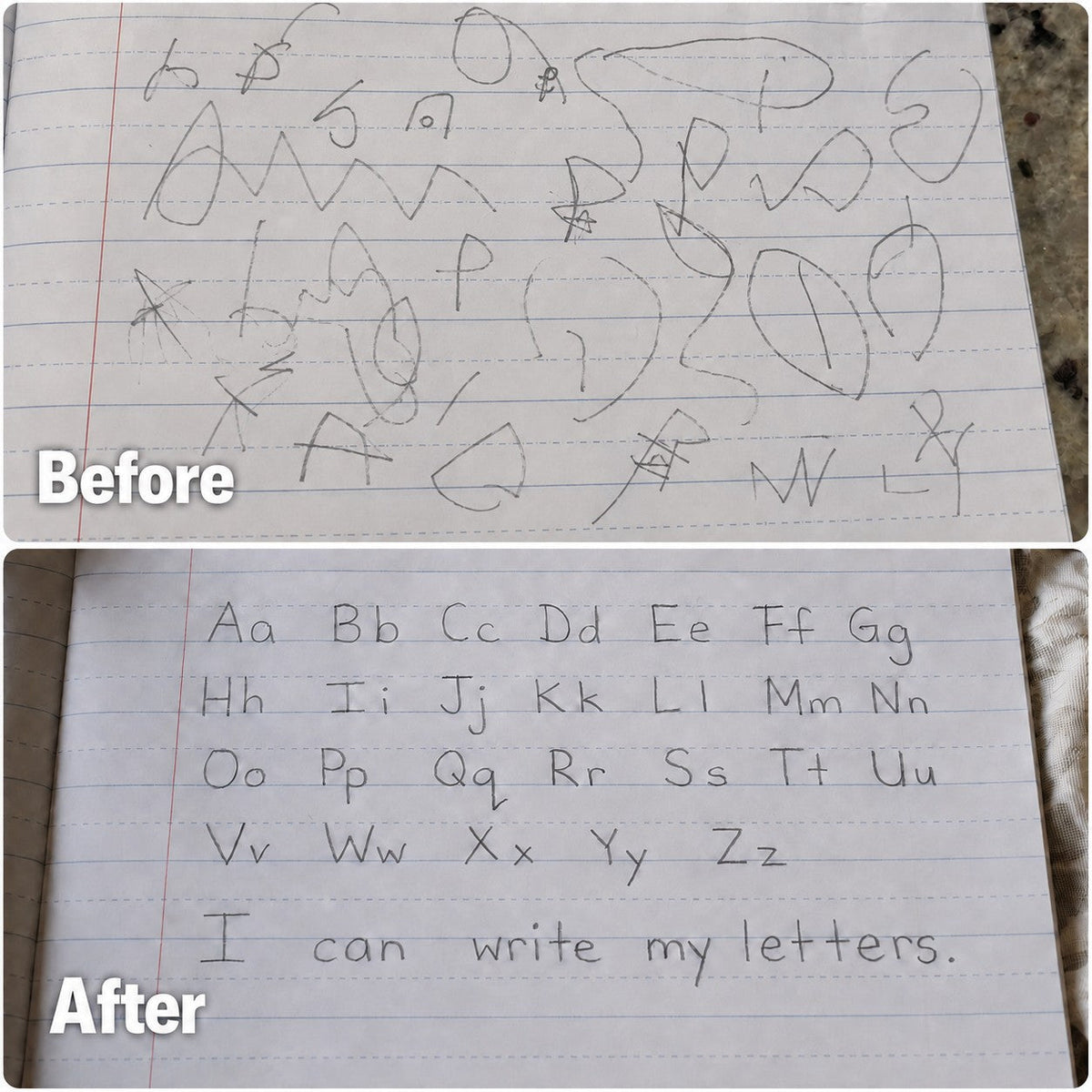 Handwriting before and after on lined paper: loose pencil scribbles, and a neat alphabet from Aa to Zz with the sentence I can write my letters.