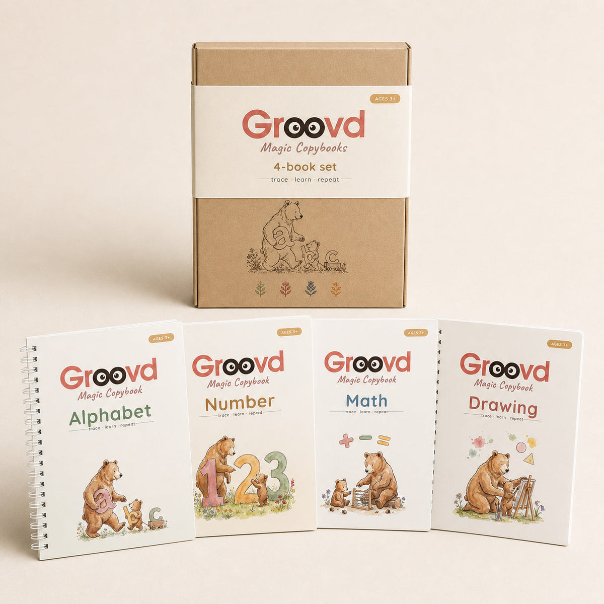 The 4-book set box with the Alphabet, Number, Math and Drawing copybooks standing in front of it.
