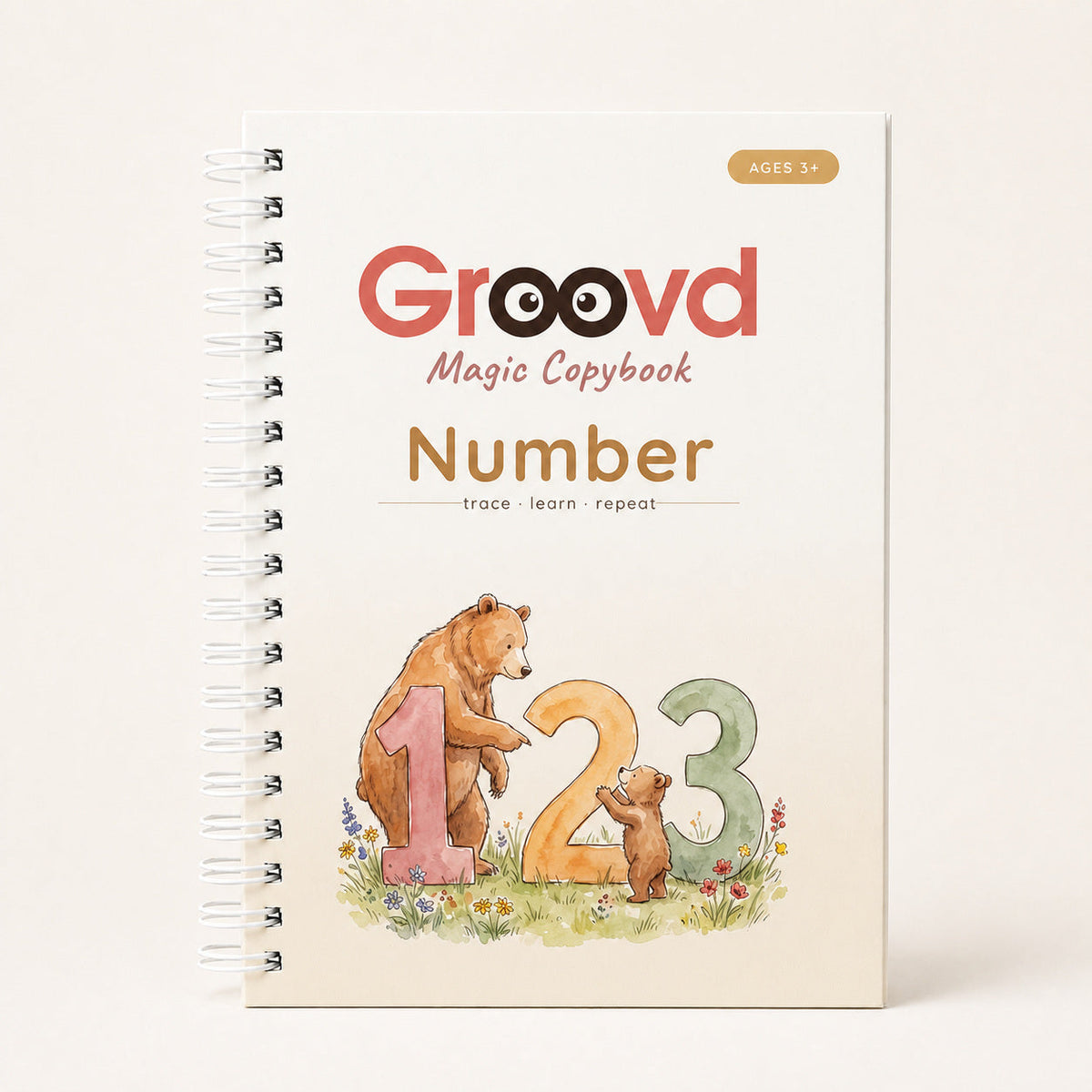 Number copybook cover showing a bear and cub beside big numbers 1, 2 and 3, marked ages 3+