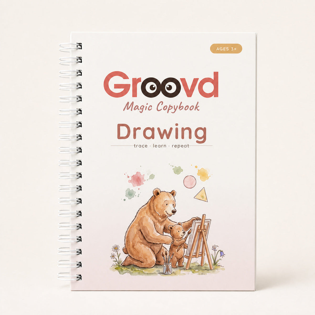 Drawing copybook cover showing a bear and cub painting at an easel, marked ages 3+