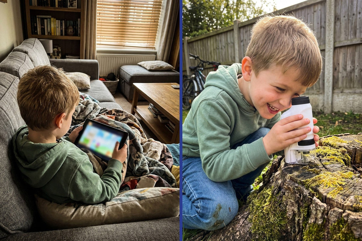 A boy on the couch with a tablet, and the same boy outside looking at a tree stump through the Miniscope