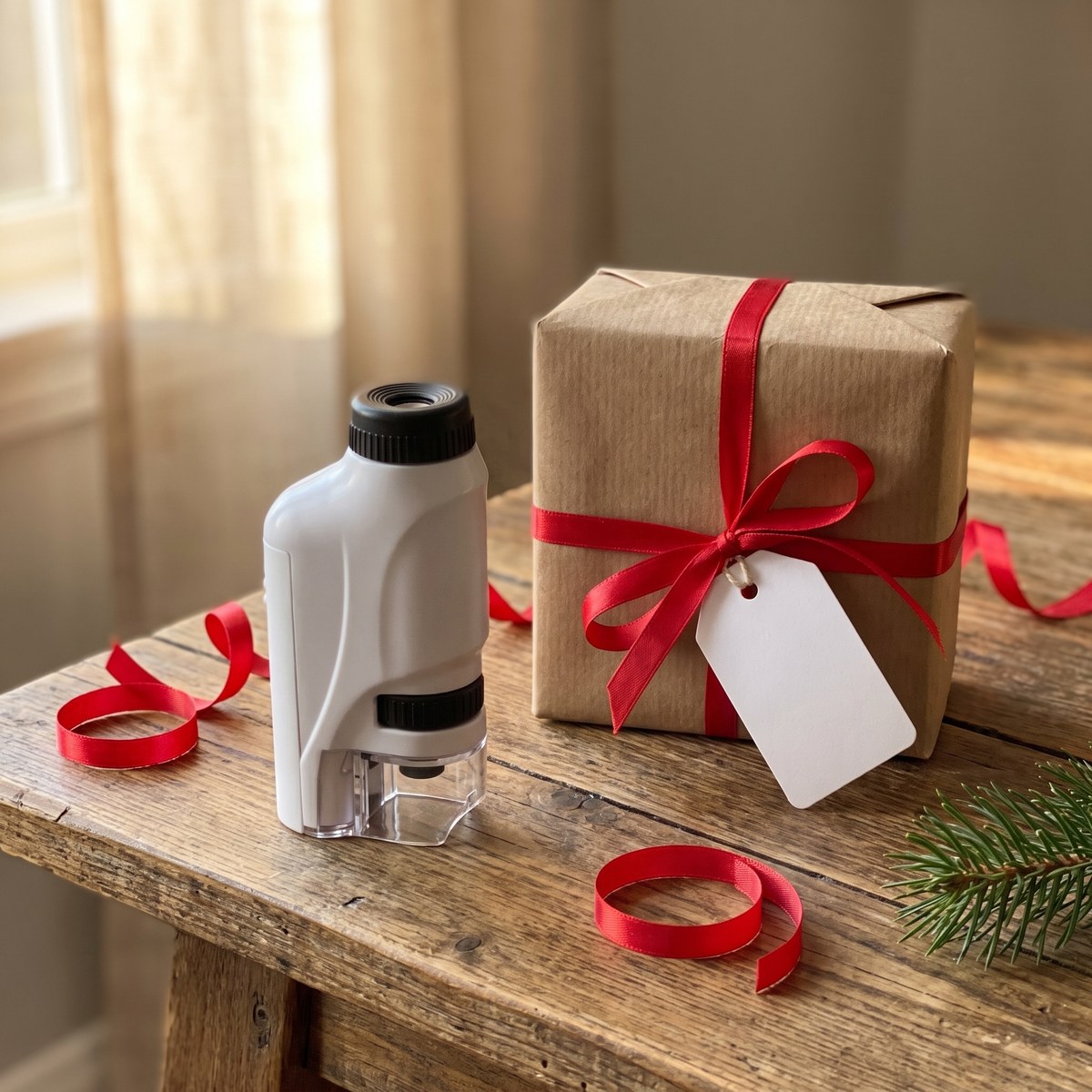 The microscope on a wooden table next to a present wrapped in brown paper with a red ribbon and a blank gift tag