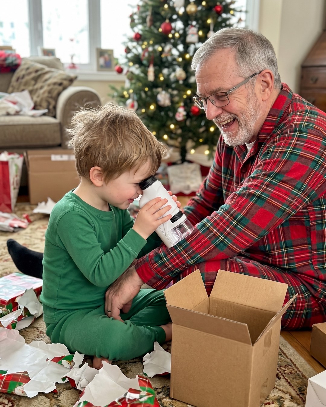 A child in pajamas looks through the microscope at a grandparent's plaid sleeve, among torn gift wrap by a Christmas tree