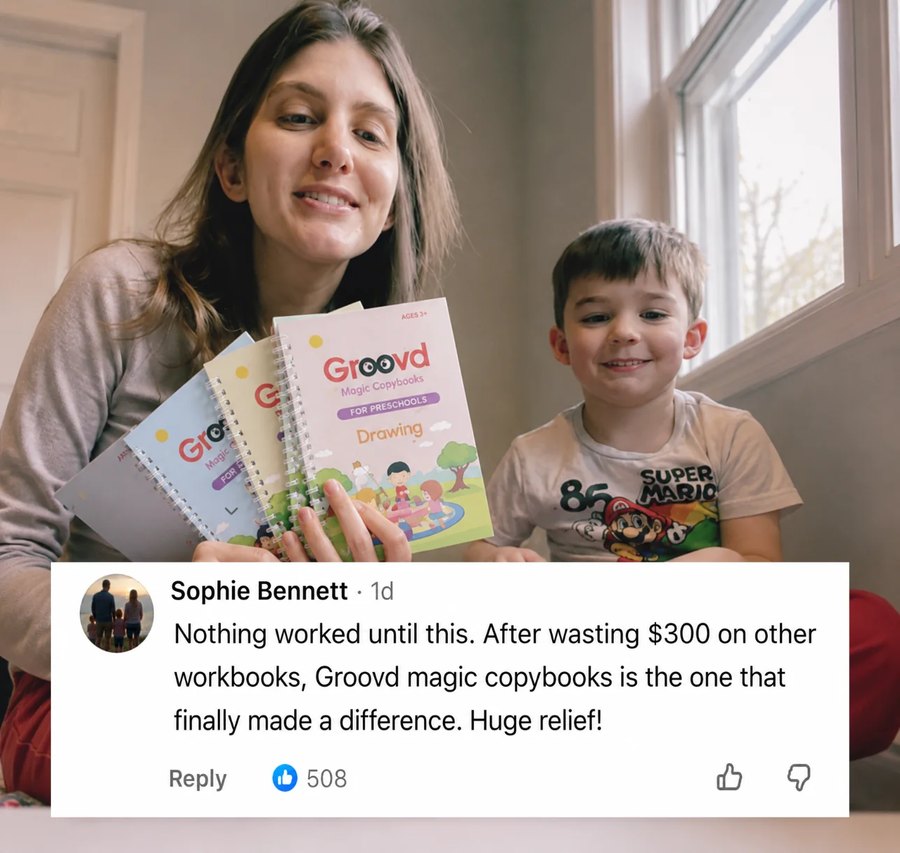 A mother and her son hold up Groovd copybooks, with a parent comment saying the copybooks finally made a difference
