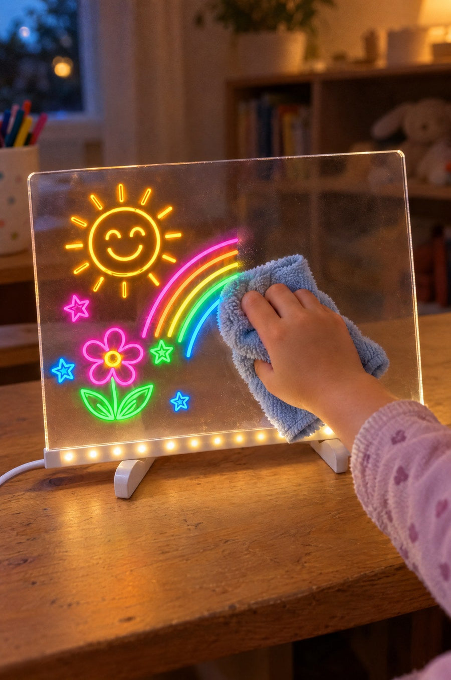 A child wipes a drawing off the LuminoSketch with the cloth