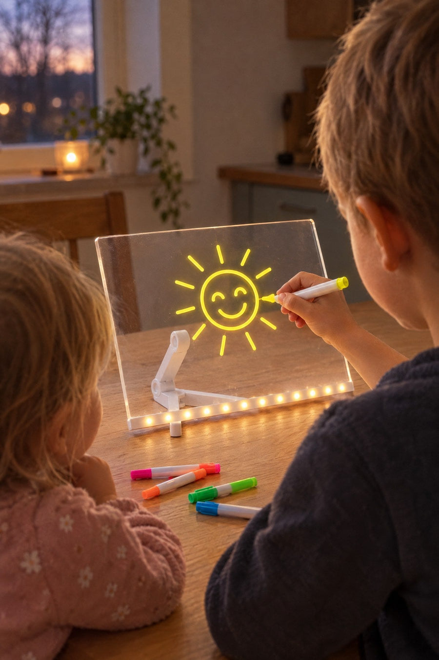 Two siblings drawing on the LuminoSketch at the kitchen table