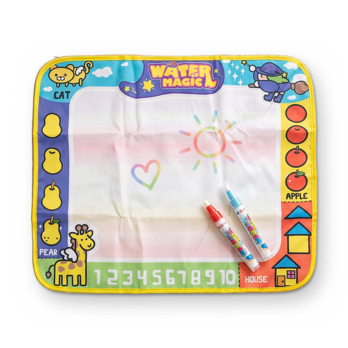 AquaDoodle water drawing mat with a picture border, numbers 1 to 10, a rainbow heart and sun drawn on it, and two water pens.
