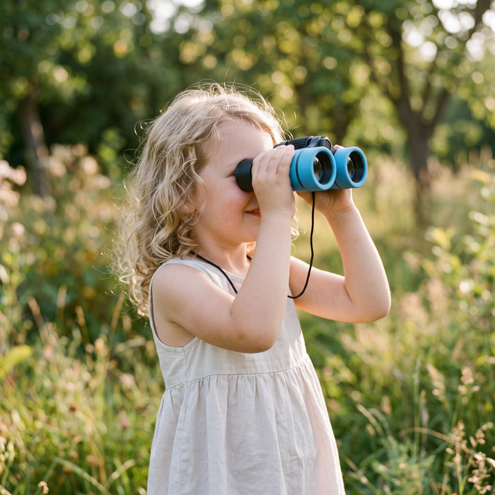 A child in a sunny meadow looks through the binoculars, with the strap around their neck