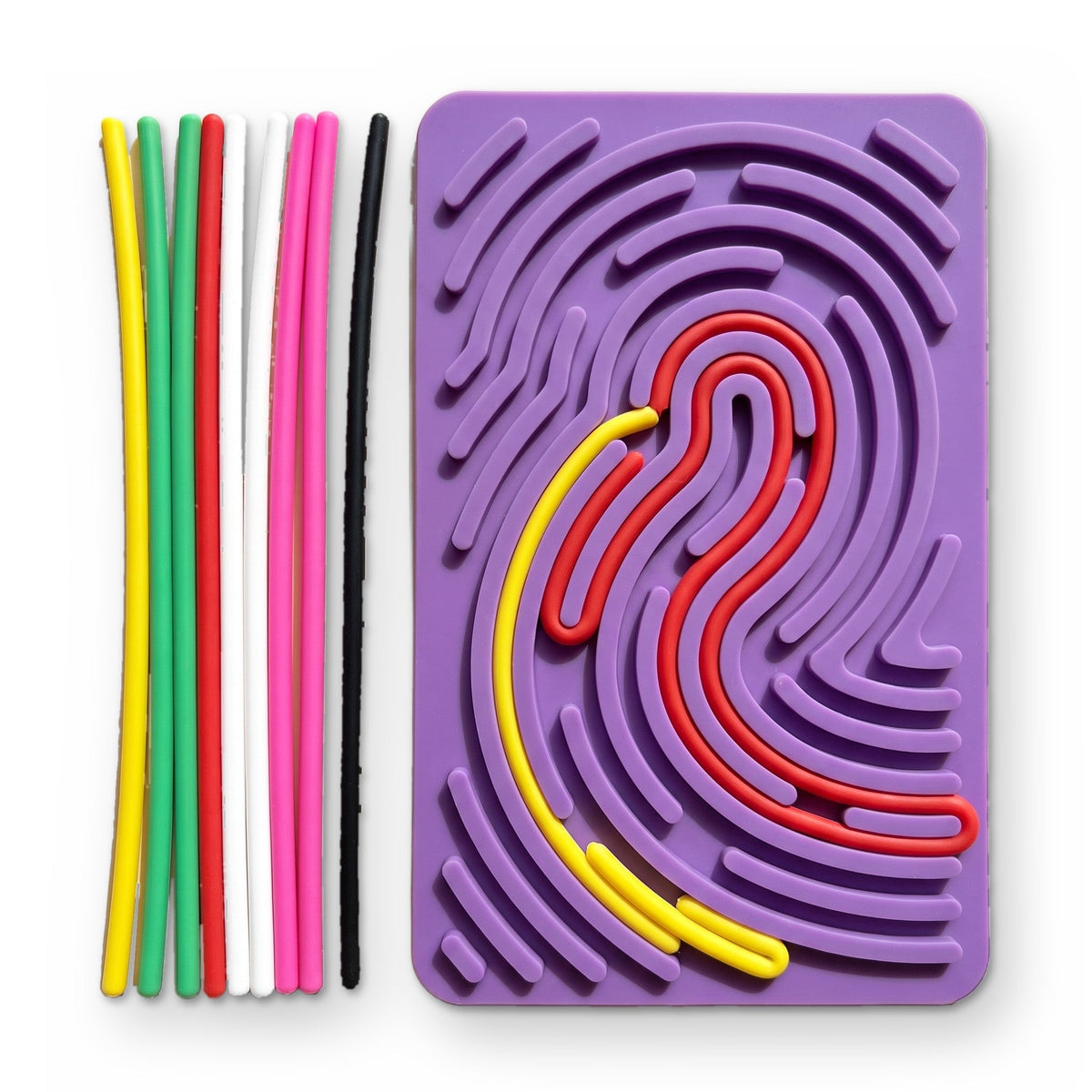 CalmCraft Sensory Board: a purple board with fingerprint-like grooves, red and yellow strings pressed in and more beside it