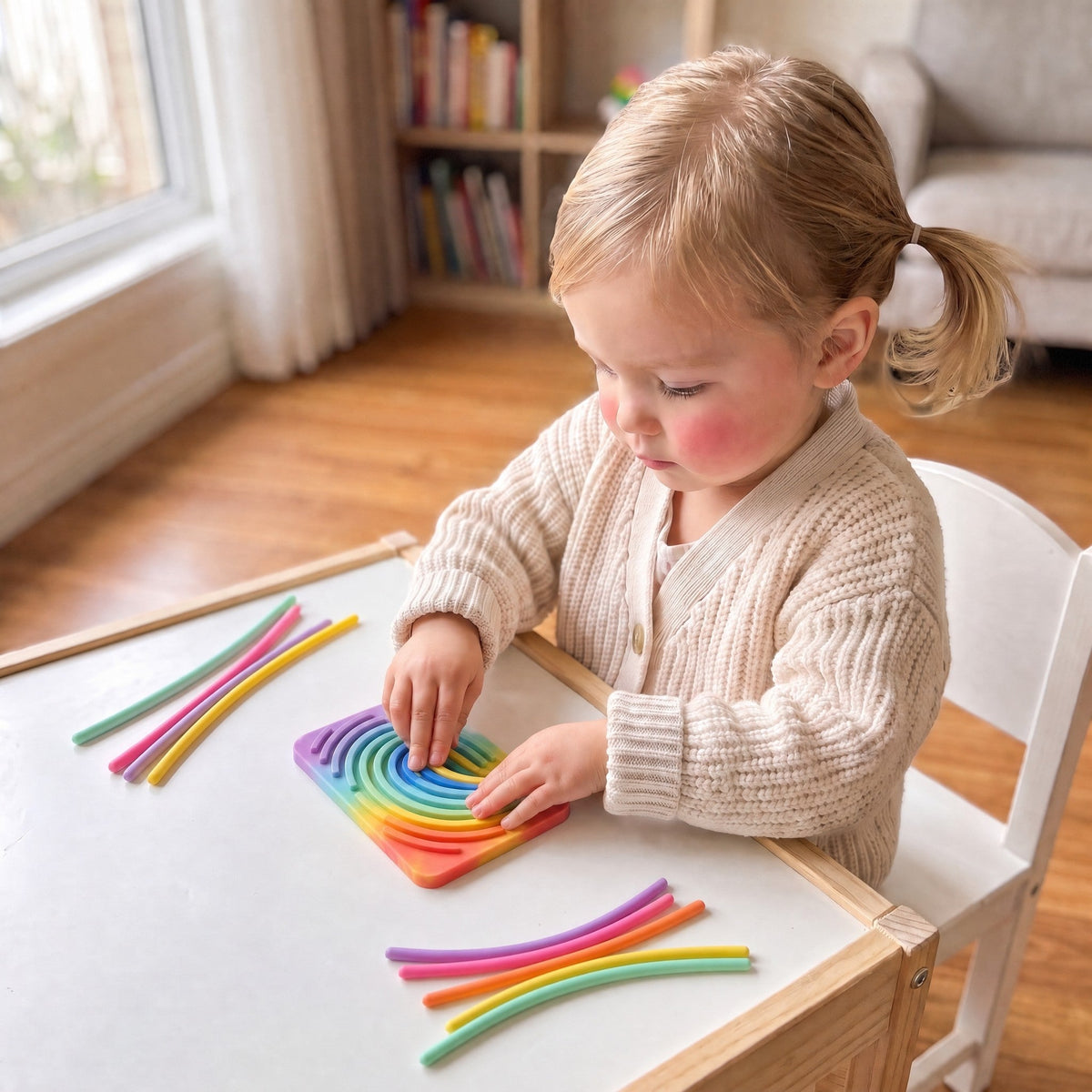 A toddler at a white table presses strings into a small rainbow board with arch-shaped grooves, with more strings beside it