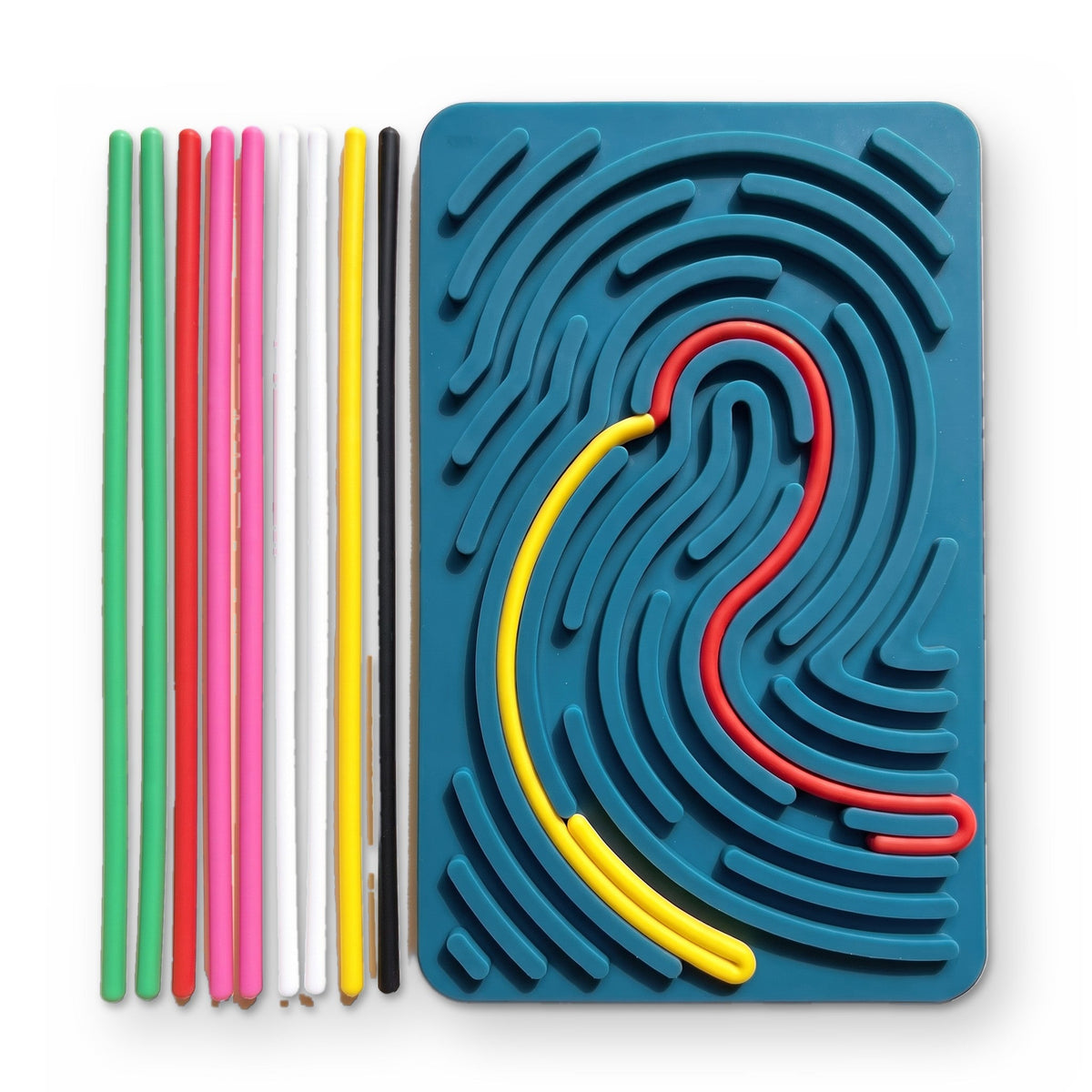 The dark blue board, with red and yellow strings pressed into its grooves and a row of loose strings beside it