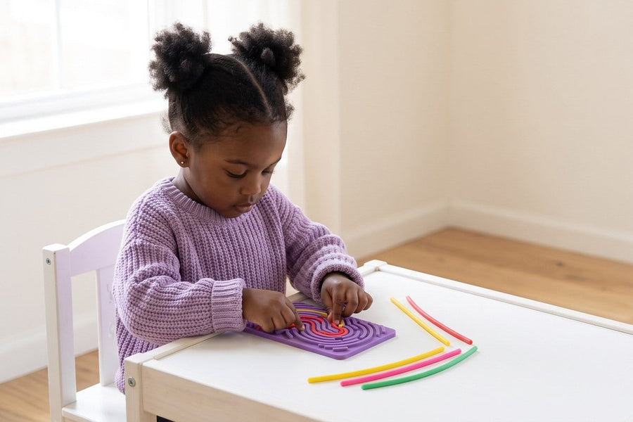 A child playing with the CalmCraft Sensory Board