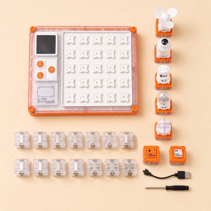 All parts: the board, 14 clear blocks, fan, rocket, music and 2 light pieces, VCC and GND blocks, USB cable and screwdriver