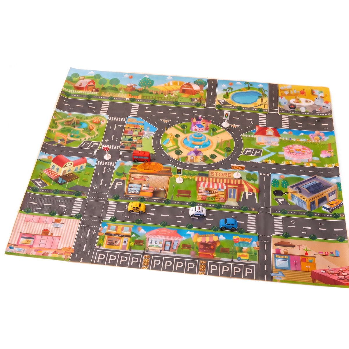 City Map with Cars: a city play mat with roads, a roundabout, parking spaces and shops, plus toy cars and traffic lights