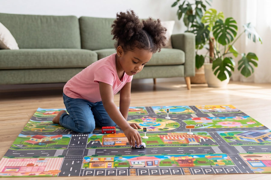 A child playing with the City Map with cars