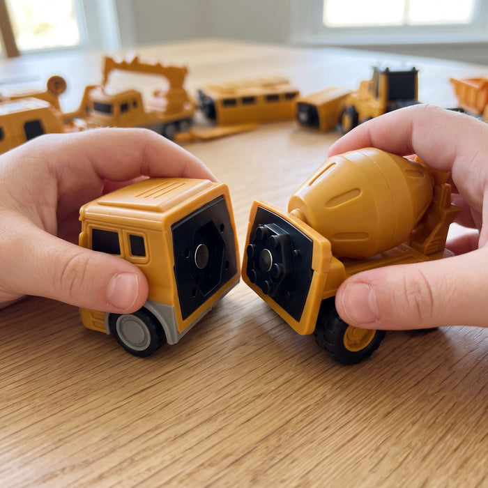 Two hands holding a small truck cab and a cement mixer face to face, showing the round magnets in their black connectors