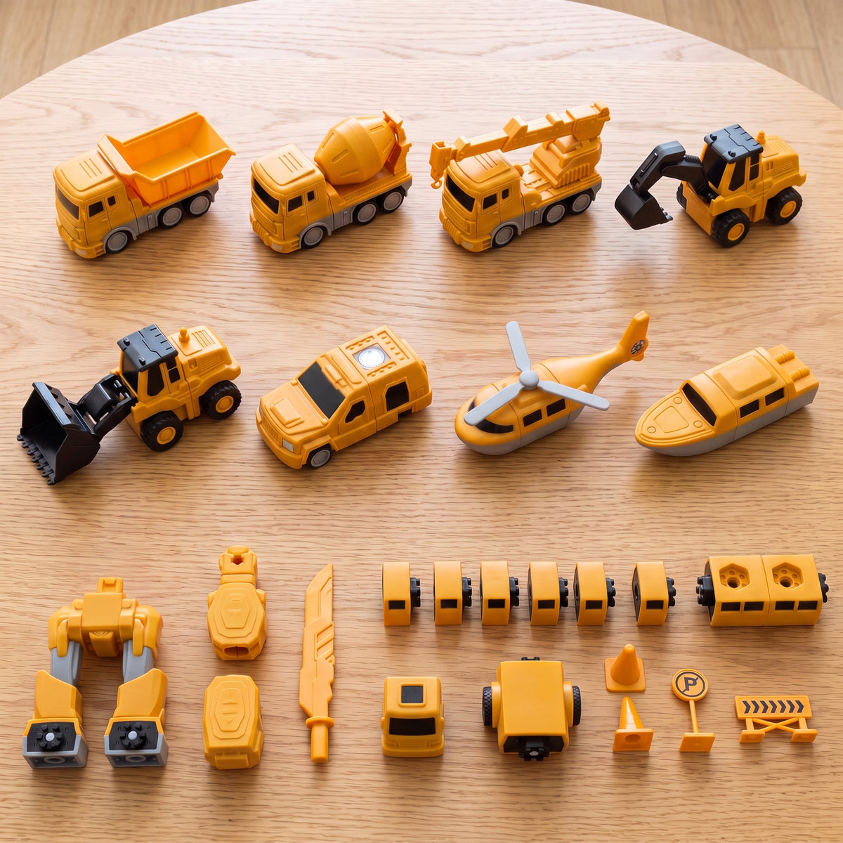 Set contents: dump truck, cement mixer, crane, digger, loader, car, helicopter, boat, robot parts, sword, connectors, cones and signs