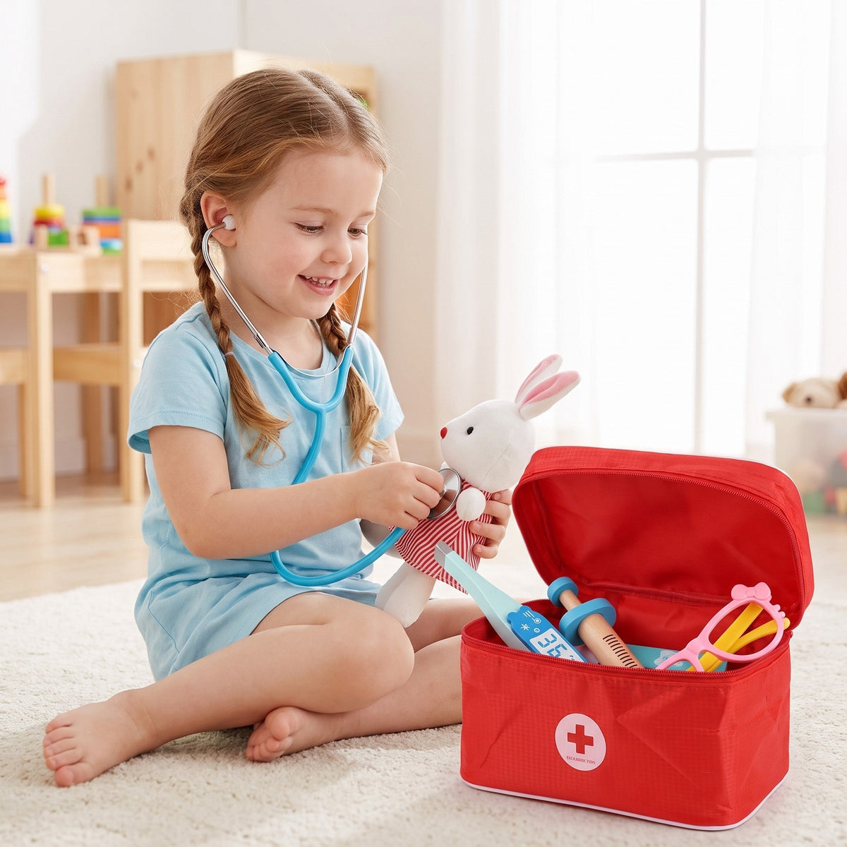 A smiling child listens to a toy bunny with the stethoscope, by the open red case with a thermometer, syringe and glasses