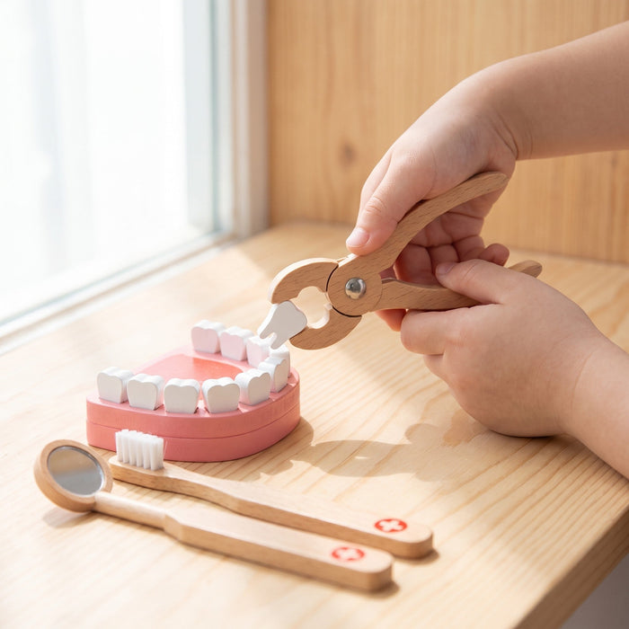A child's hands use wooden pliers to pull a tooth from the pink teeth model, with a toy dental mirror and toothbrush in front