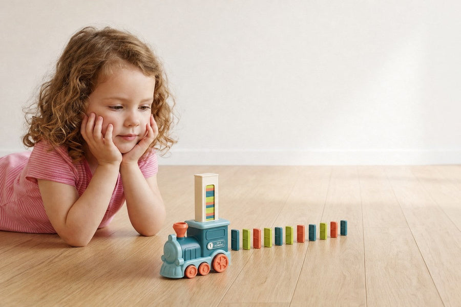 A child playing with the DominoFun train