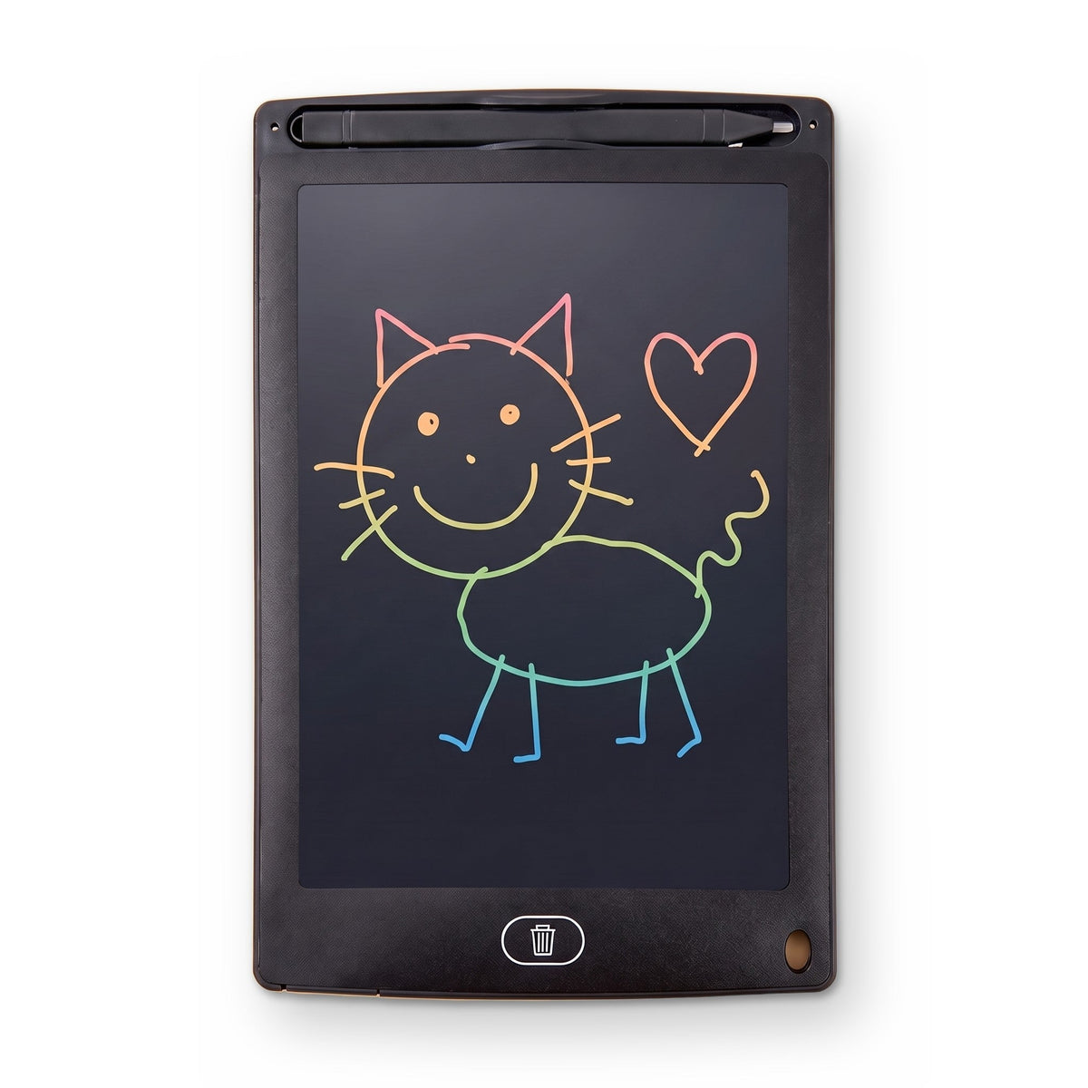 Doodle EyeSafe Tablet: a black drawing tablet showing a rainbow cat and heart, with its pen at the top and an erase button