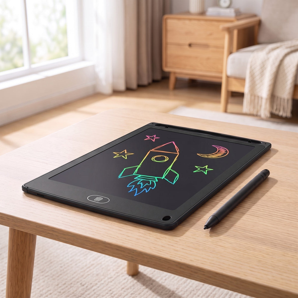 The thin tablet lying on a wooden table with its pen beside it, showing a rainbow rocket, stars and a moon