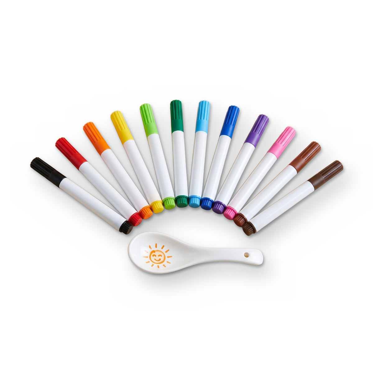DoodleMagic Enchanting Drawing Set: 12 colored markers fanned out above a white spoon with a smiling sun drawn on it