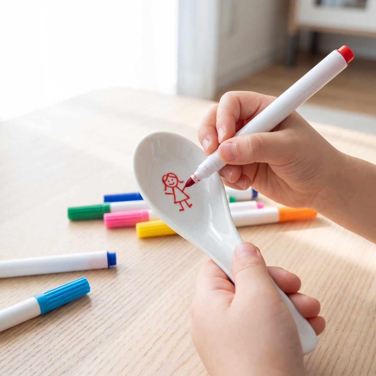 A child holds the white spoon and draws a red stick figure inside it with a red marker, with more markers on the table