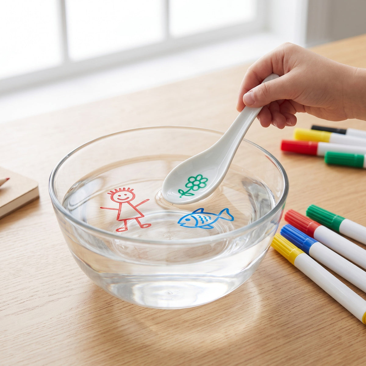 Red stick figure and blue fish drawings float on the water in a glass bowl, as a child dips in a spoon with a green flower