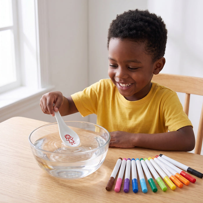 A smiling child dips the spoon with a red stick figure drawing into a glass bowl of water, with a row of markers on the table