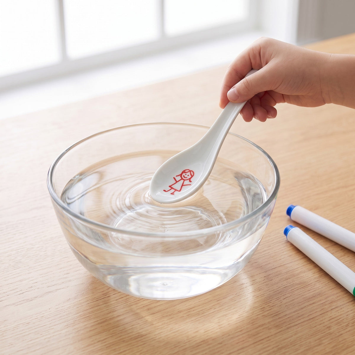 A child's hand lowers the spoon with a red stick figure drawn on it into a clear glass bowl of water