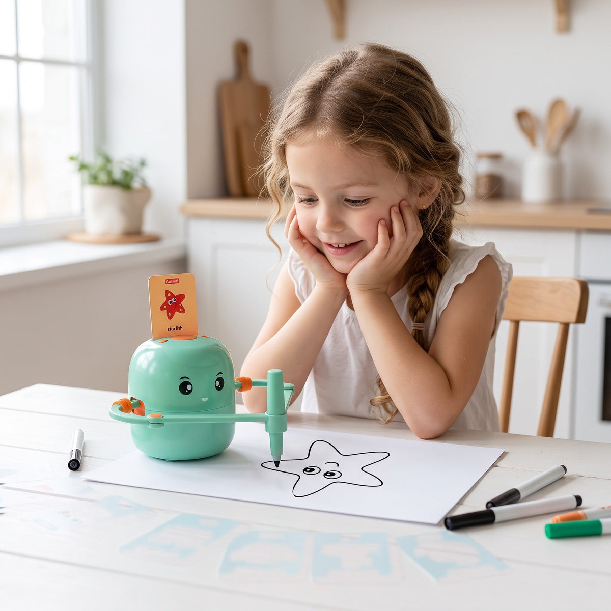 A smiling child, chin in hands, watches the robot draw a starfish from the card in its top