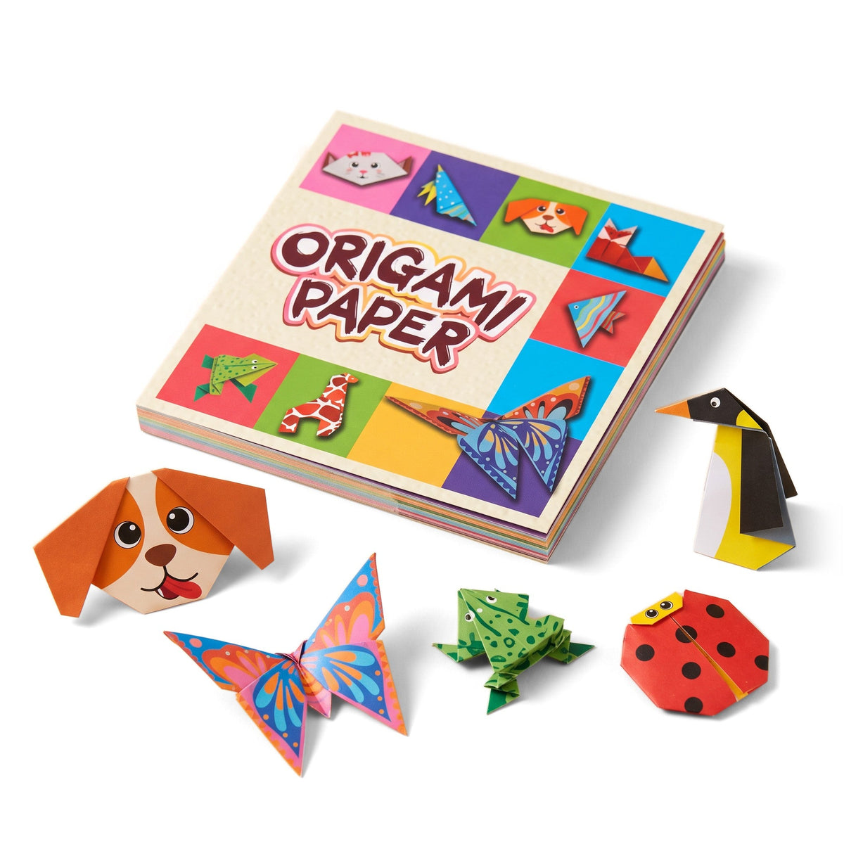 Foldspark Mini Origami Studio: a pack of origami paper with a folded dog face, butterfly, frog, ladybug and penguin around it