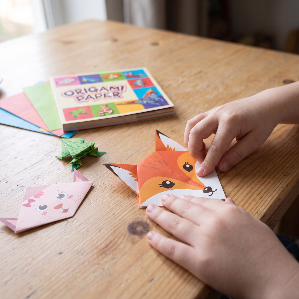 A child's hands fold a fox face from printed origami paper, next to a finished cat face, a frog and the paper pack