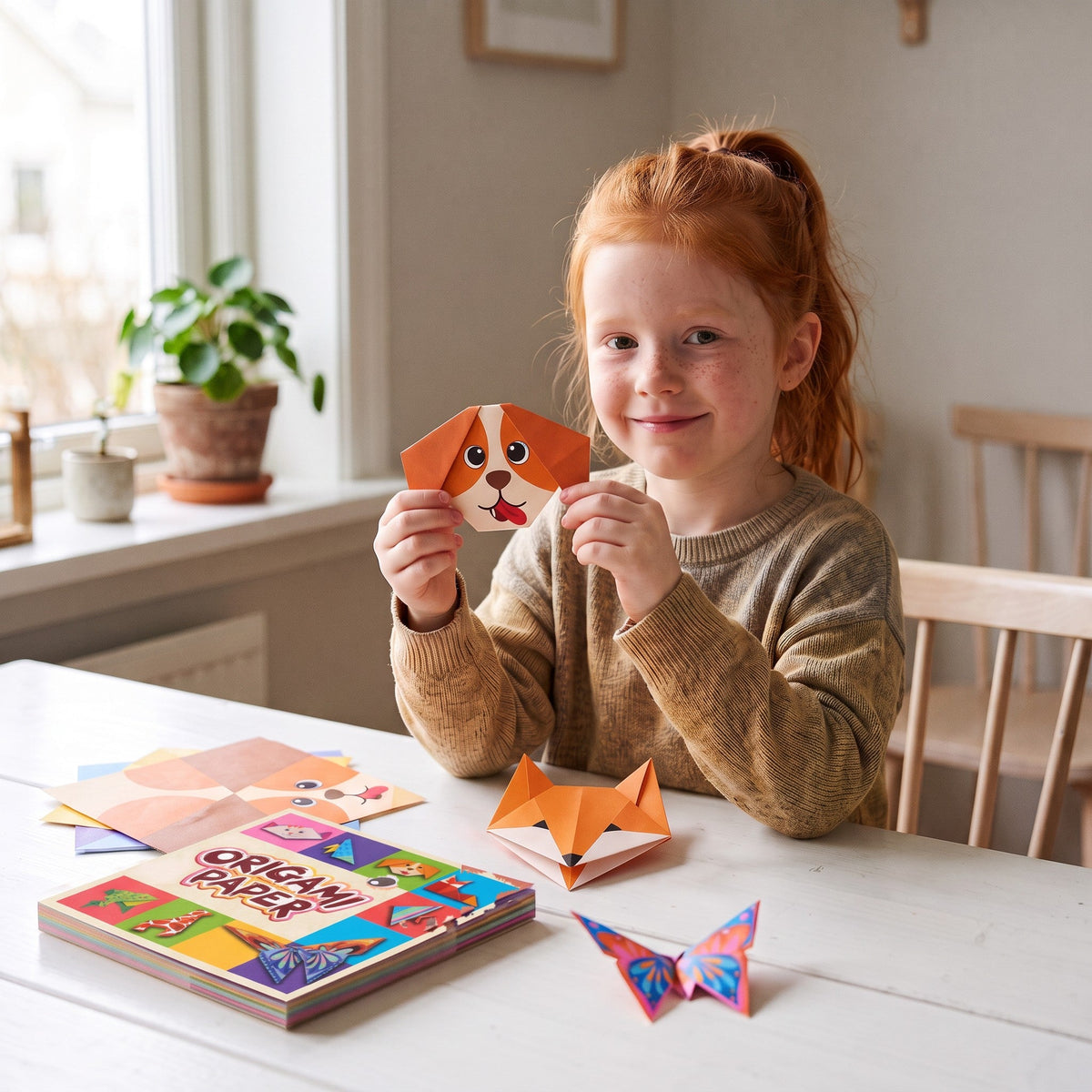 A smiling child holds up a folded paper dog face at a table, with a fox face, a butterfly and the origami paper pack in front