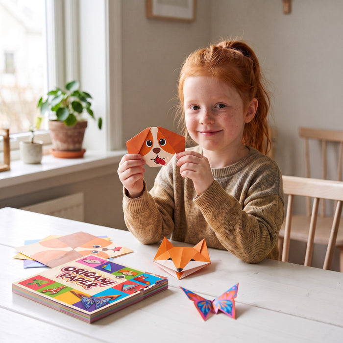 A smiling child holds up a folded paper dog face at a table, with a fox face, a butterfly and the origami paper pack in front