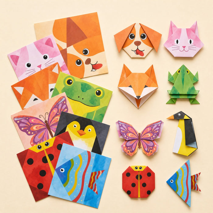 Printed origami sheets beside the animals they fold into: a dog, cat, fox, frog, butterfly, penguin, ladybug and fish