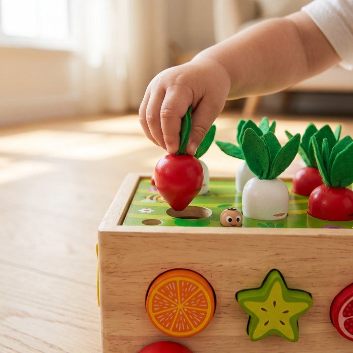 A child's hand pulls a red radish out of its hole in the top of the wooden garden box