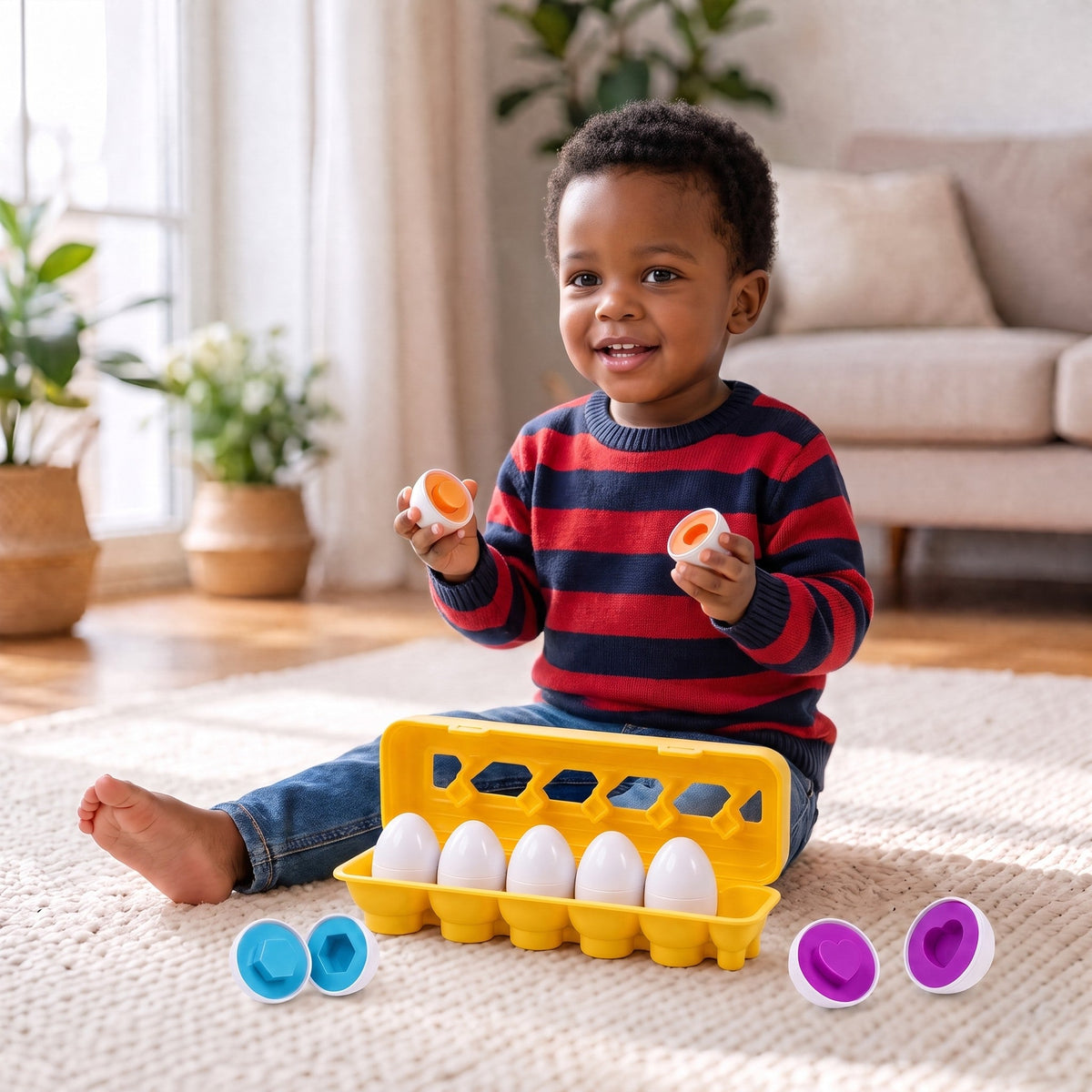 A smiling toddler on a rug holds two orange egg halves, with the carton and blue and purple halves in front