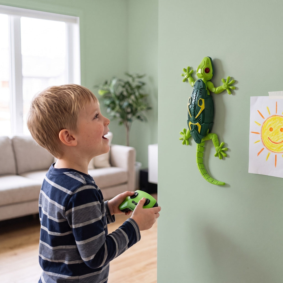 A child holds the remote and smiles as the lizard climbs up a living room wall