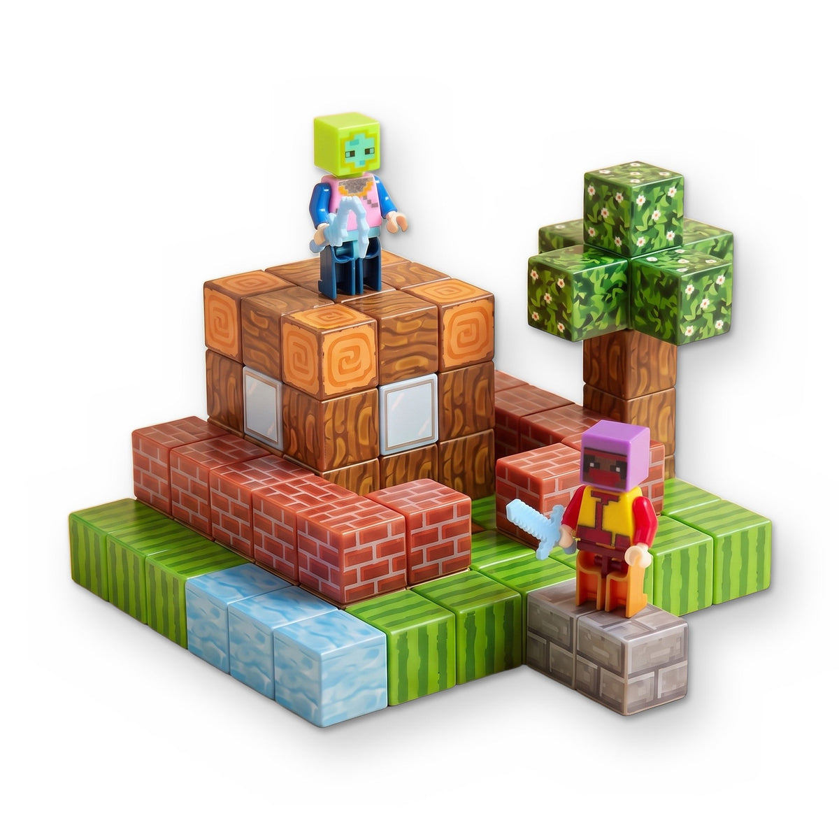 Magnetic Building Blocks: cubes printed like wood, brick, grass and water, built into a scene with a tree and two toy figures