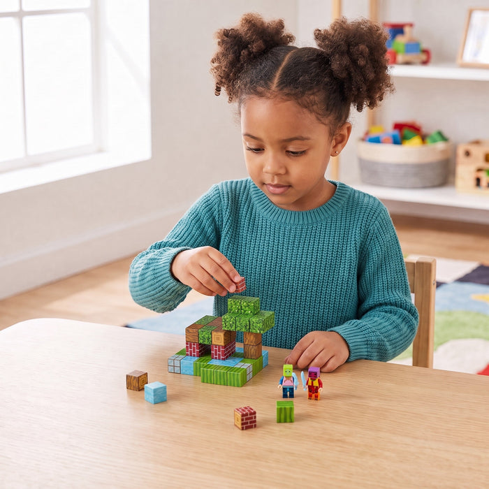 A child at a table adds a cube to a small build with a tree and grass, with two toy figures and loose cubes in front