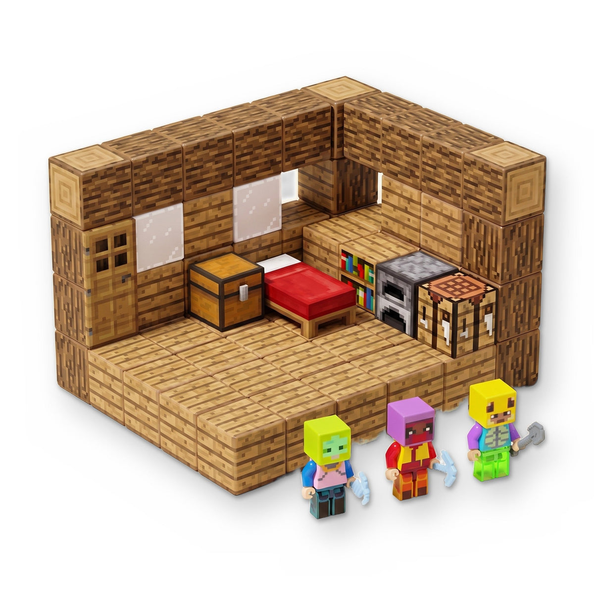 Wood-print cubes built into a room with a door, windows, a chest, a red bed, a bookshelf and a stove, plus three toy figures