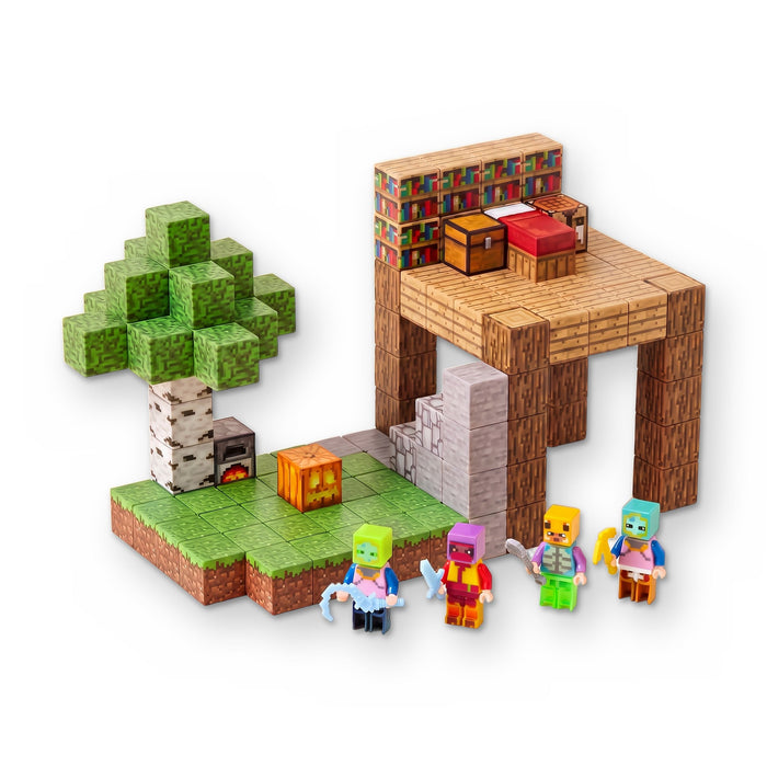 Cubes built into a tree, a grassy base, stone steps and a raised wooden deck with a bed and chest, with four toy figures