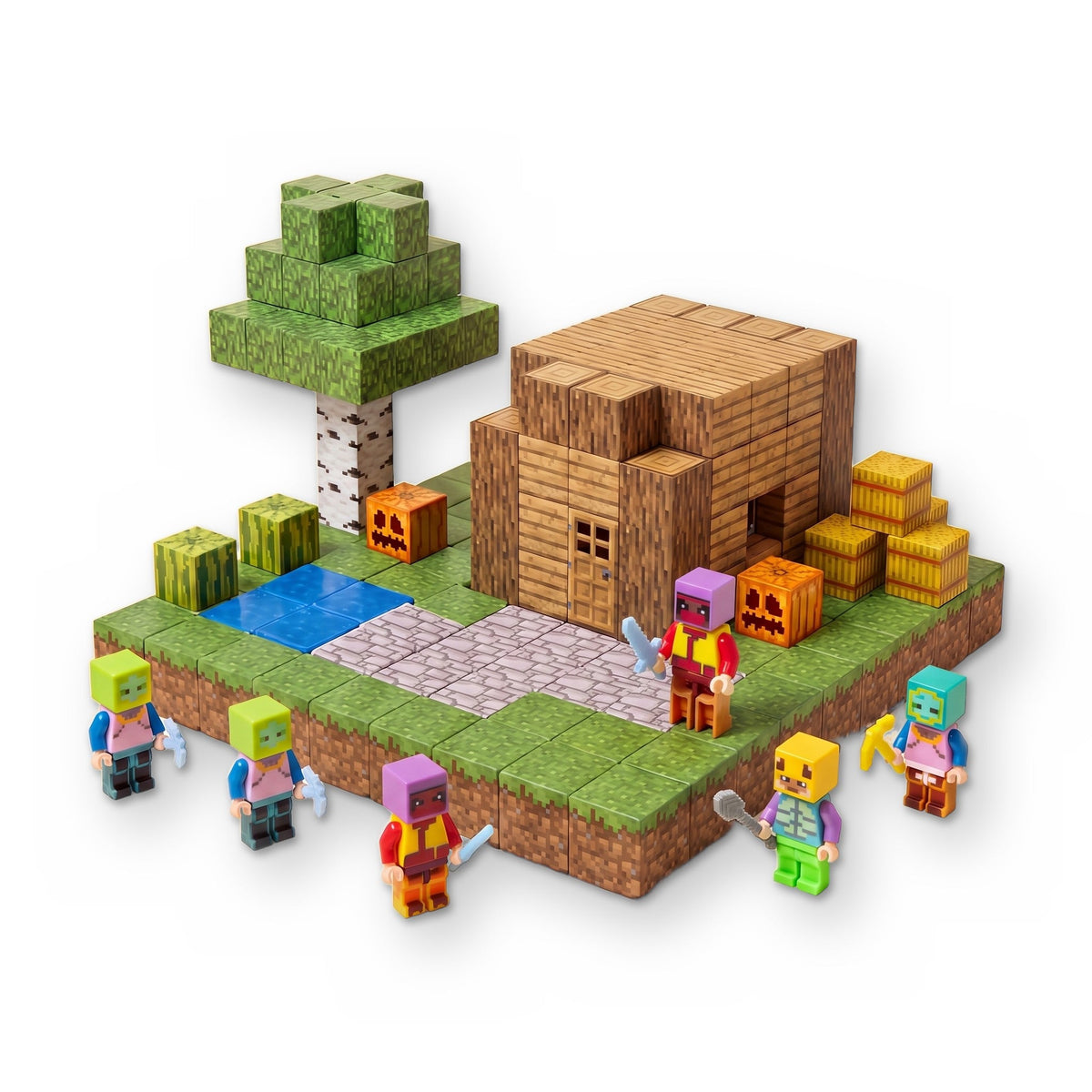 Cubes built into a wooden house on grass with a tree, a pond, a stone path, pumpkins and hay bales, with six toy figures