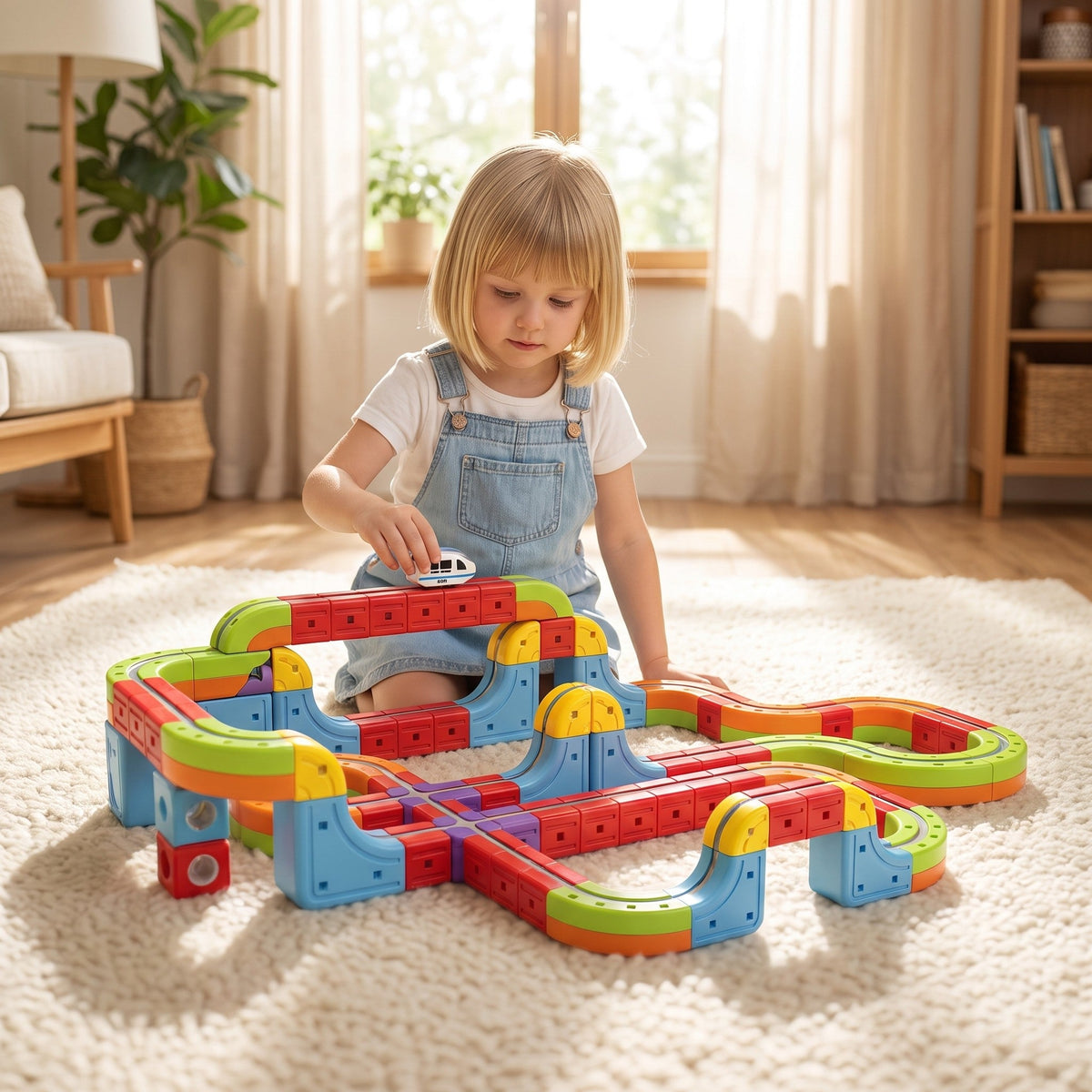 A child kneels on a rug and places the small train on a large track layout with bridges and a crossing
