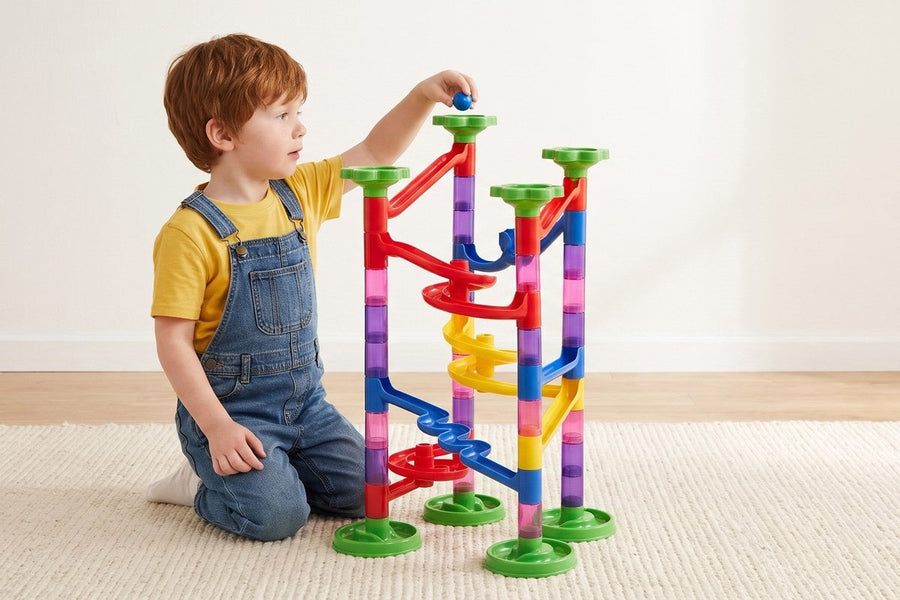 A child playing with the MarbleQuest marble run