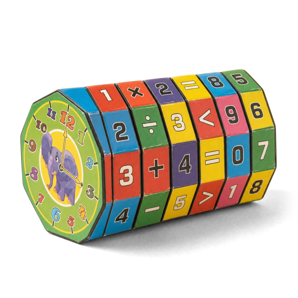 Children's Mathematics Cube: a tube of six colorful rings printed with numbers and math signs, with a clock face on one end