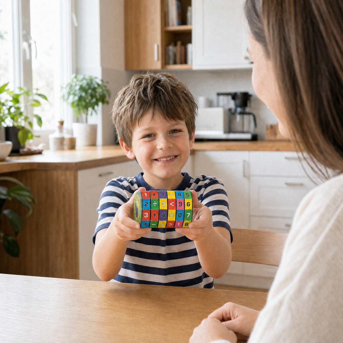 A smiling child at a kitchen table holds up the number tube toward an adult sitting across the table