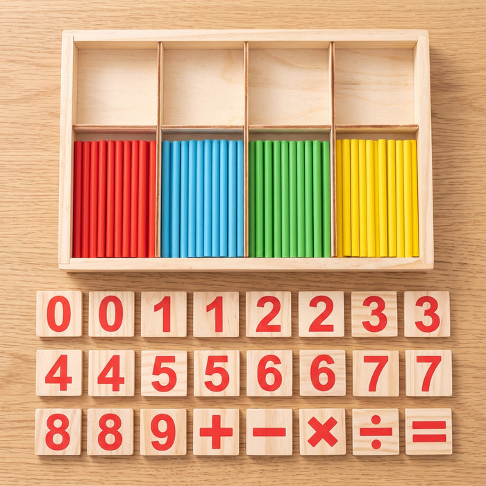 The set laid out: the wooden tray with red, blue, green and yellow sticks, and tiles for the numbers 0 to 9 and math signs.